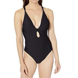 Bar III Like It Or Knot Ribbed Plunge One-Piece Swimsuit Black L New